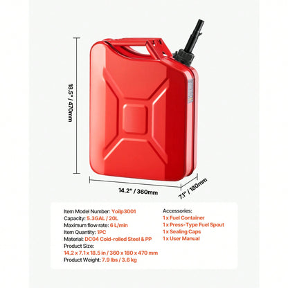 Metal Fuel Container, 5.3 Gallon, Fuel Jerry Can With Spout And Comfort Handle, 6 L/Min Max Flow Rate, Leakproof & Corrosion-Resistant Metal Gas Tank Most Cars Motorcycle ATV UTV, Red