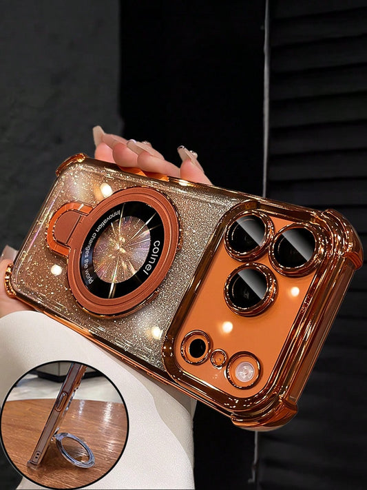 MewTrek Luxury Bling Sequins Sparkling Electroplated Fashionable Glitter Orange Phone Case Features A Foldable Magnetic Stand, 4 Built-In Airbags For Soft Protection, Anti-Drop And Shock-Resistant, Hi