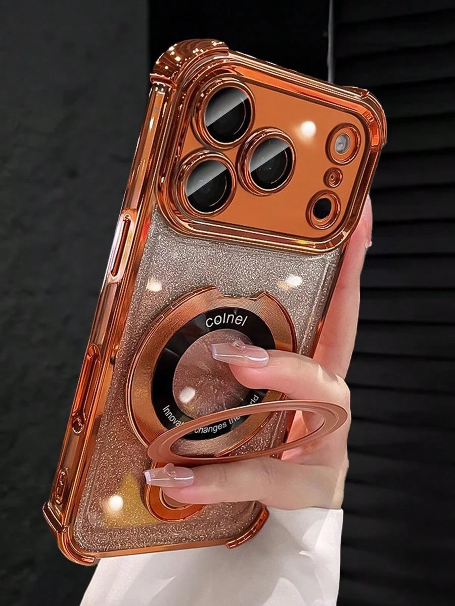 MewTrek Luxury Bling Sequins Sparkling Electroplated Fashionable Glitter Orange Phone Case Features A Foldable Magnetic Stand, 4 Built-In Airbags For Soft Protection, Anti-Drop And Shock-Resistant, Hi