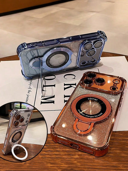 MewTrek Luxury Bling Sequins Sparkling Electroplated Fashionable Glitter Orange Phone Case Features A Foldable Magnetic Stand, 4 Built-In Airbags For Soft Protection, Anti-Drop And Shock-Resistant, Hi