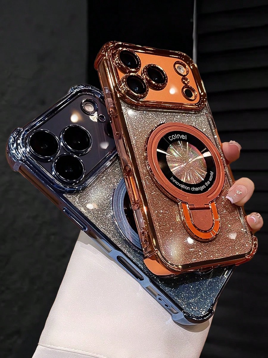 MewTrek Luxury Bling Sequins Sparkling Electroplated Fashionable Glitter Orange Phone Case Features A Foldable Magnetic Stand, 4 Built-In Airbags For Soft Protection, Anti-Drop And Shock-Resistant, Hi