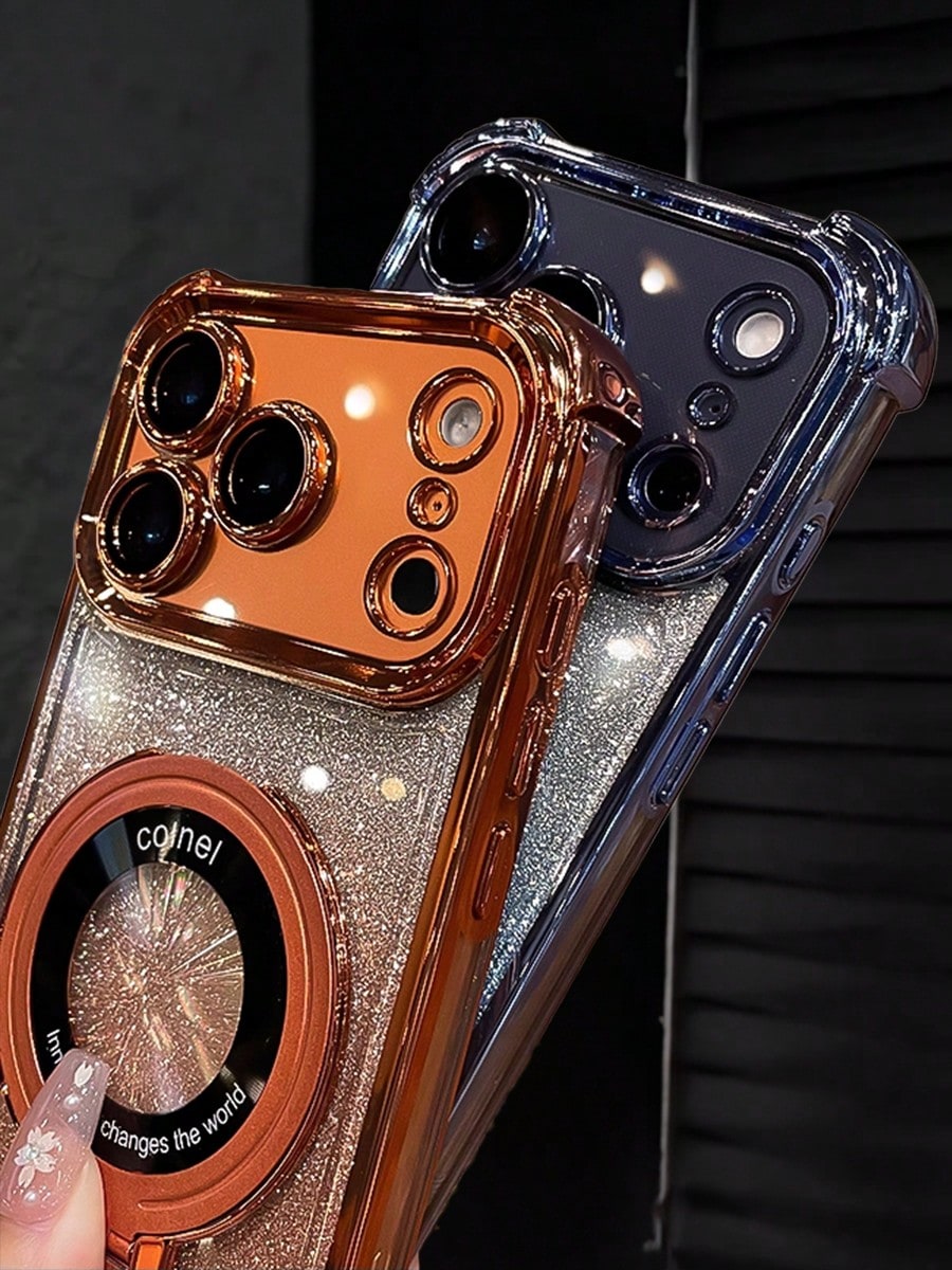 MewTrek Luxury Bling Sequins Sparkling Electroplated Fashionable Glitter Orange Phone Case Features A Foldable Magnetic Stand, 4 Built-In Airbags For Soft Protection, Anti-Drop And Shock-Resistant, Hi