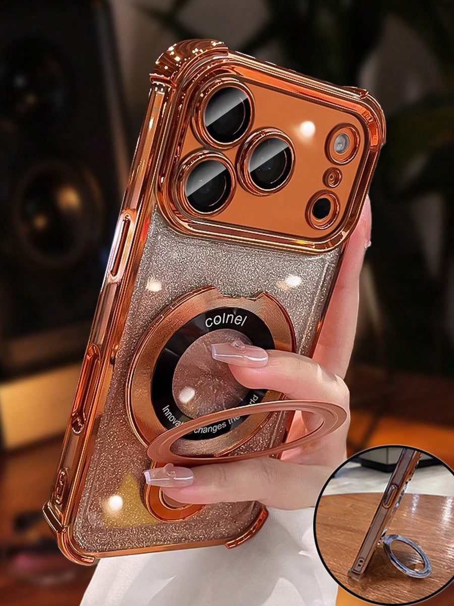 MewTrek Luxury Bling Sequins Sparkling Electroplated Fashionable Glitter Orange Phone Case Features A Foldable Magnetic Stand, 4 Built-In Airbags For Soft Protection, Anti-Drop And Shock-Resistant, Hi