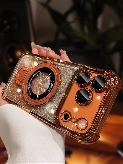MewTrek Luxury Bling Sequins Sparkling Electroplated Fashionable Glitter Orange Phone Case Features A Foldable Magnetic Stand, 4 Built-In Airbags For Soft Protection, Anti-Drop And Shock-Resistant, Hi