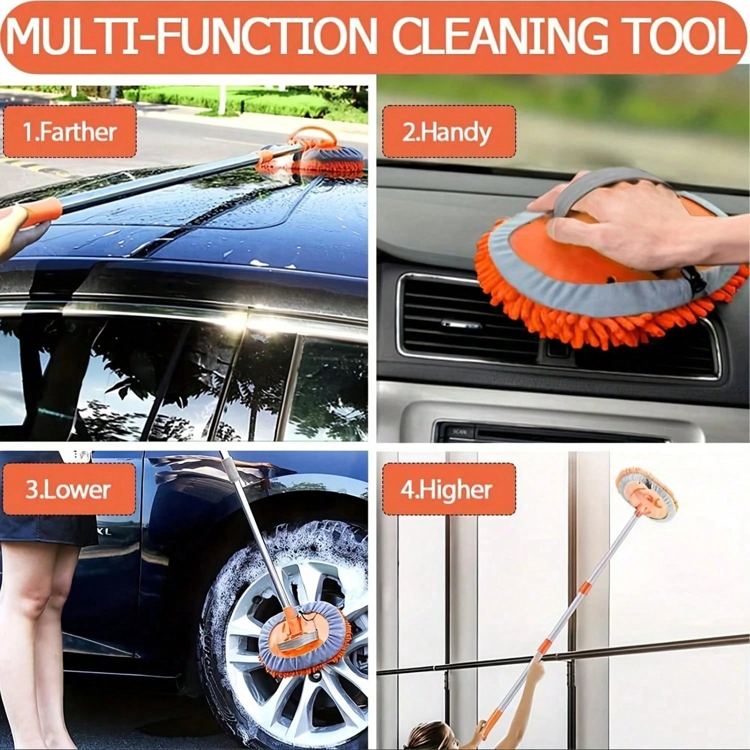 [Microfiber Car Wash] 2in1 Microfiber Car Wash Brush Mop Set, 47.5Inch Long Handle Kit, Chenille Microfiber Sponge Duster, No Paint Damage No Scratches, For Cleaning Cars, Trucks, SUVs, RVs, Trailers