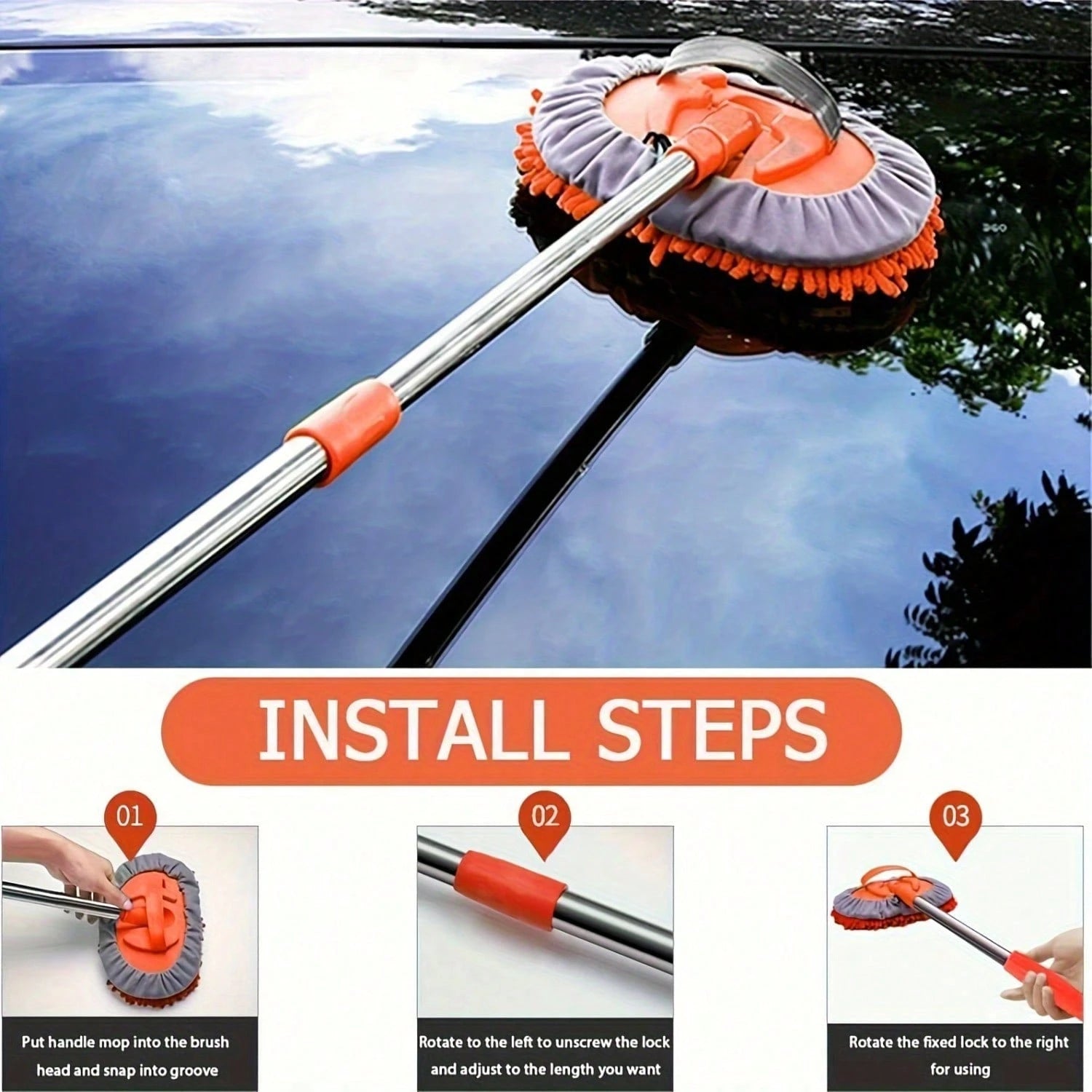 [Microfiber Car Wash] 2in1 Microfiber Car Wash Brush Mop Set, 47.5Inch Long Handle Kit, Chenille Microfiber Sponge Duster, No Paint Damage No Scratches, For Cleaning Cars, Trucks, SUVs, RVs, Trailers