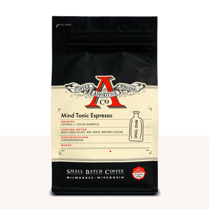 Mind Tonic Espresso bag from Anodyne Coffee Roasting Co with vintage label and dark packaging.