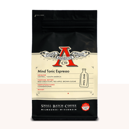 Mind Tonic Espresso bag from Anodyne Coffee Roasting Co with vintage label and dark packaging.