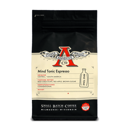 Mind Tonic Espresso bag from Anodyne Coffee Roasting Co with cream label and red Anodyne logo on black packaging