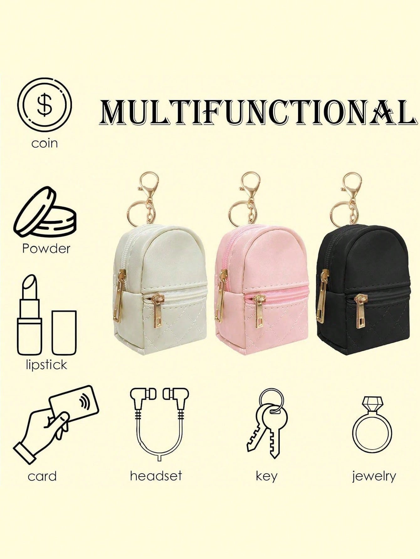 Mini Backpack Keychain, Cute Cosmetic Bag Keychain For Women, Small PU Cosmetic Bag Keychain Accessory, Zipper Pouch Accessory