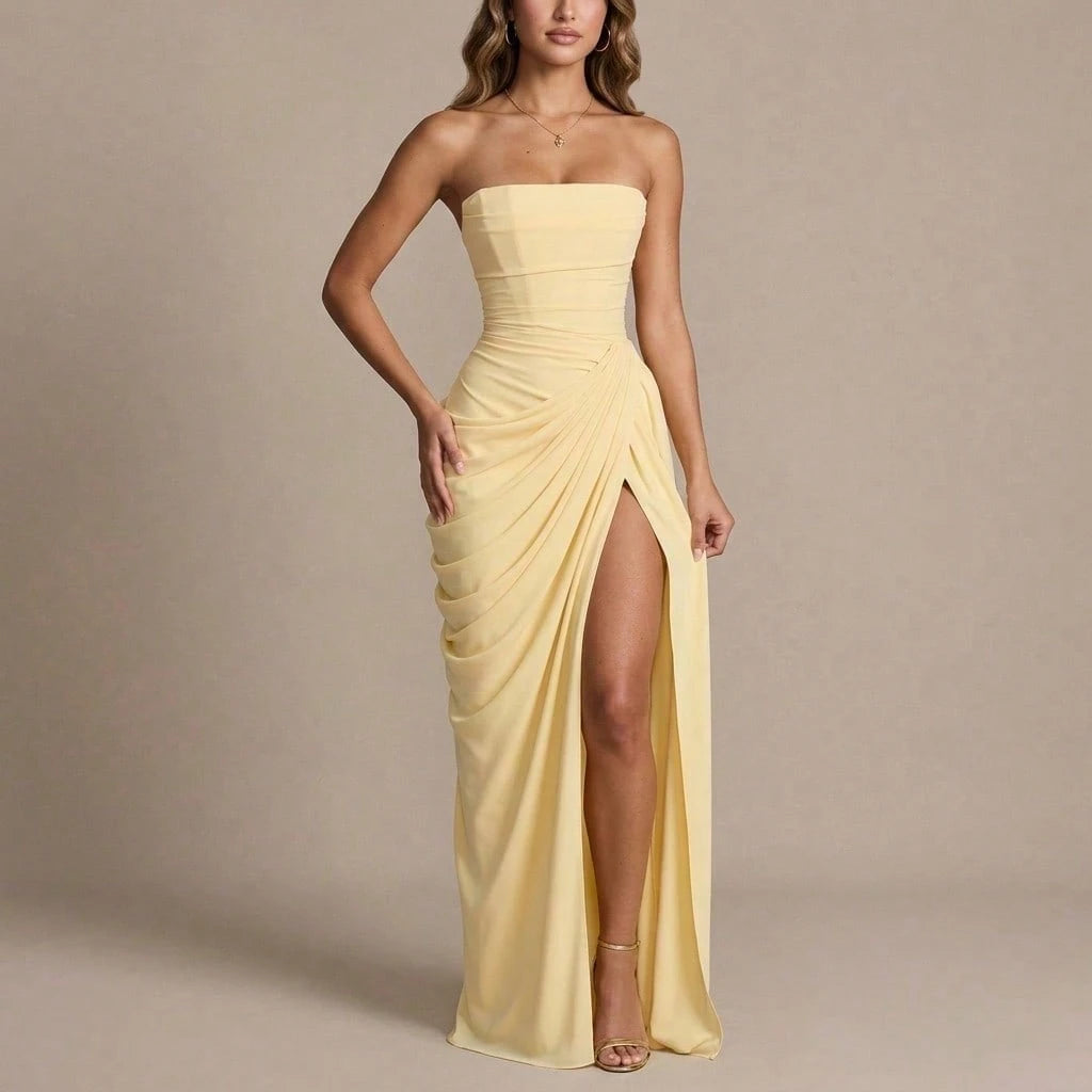 Minimal Pastel Yellow Strapless Maxi, Tube Neck Side Draped Ruched High Slit Soft Chiffon Floor Prom Formal Party Dress