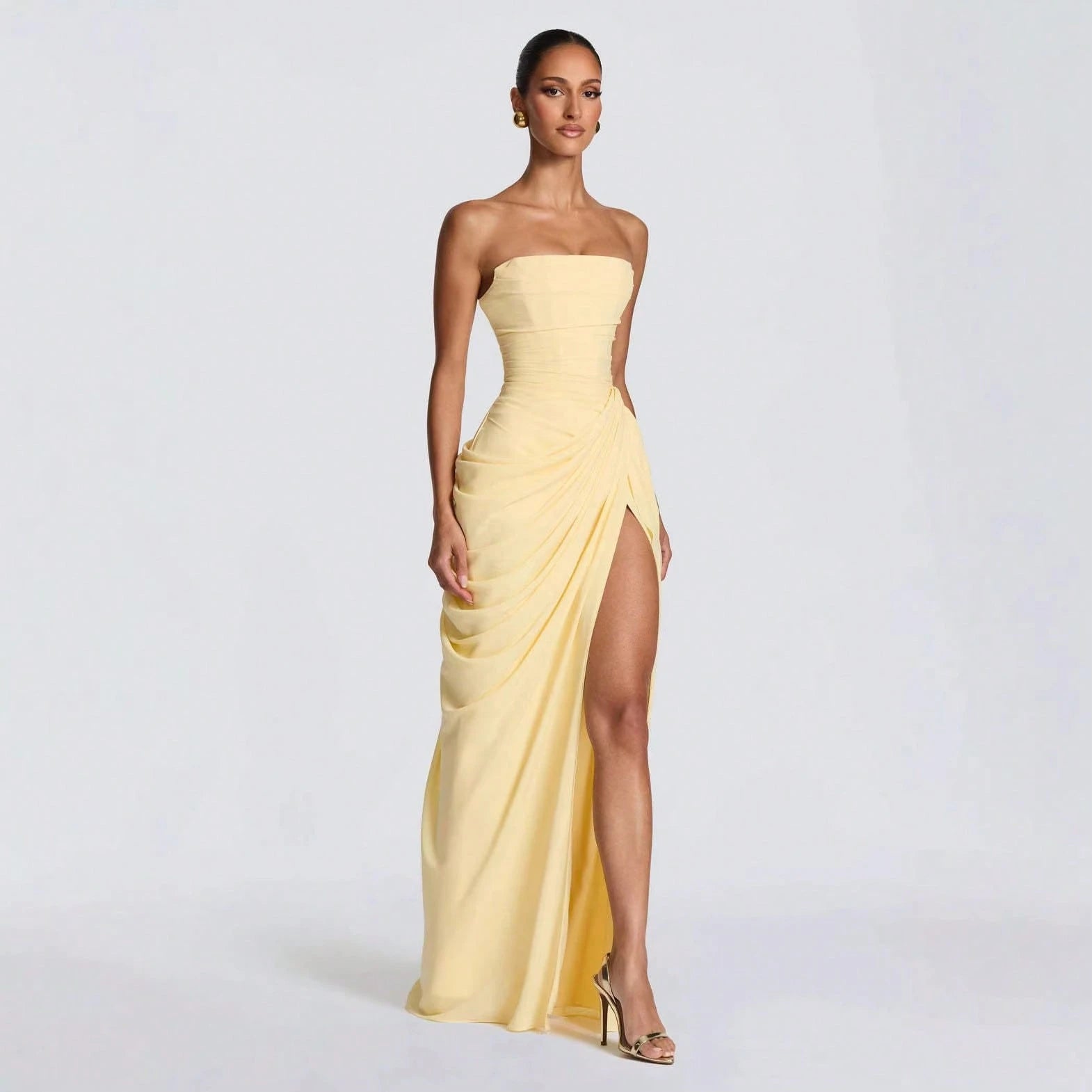 Minimal Pastel Yellow Strapless Maxi, Tube Neck Side Draped Ruched High Slit Soft Chiffon Floor Prom Formal Party Dress