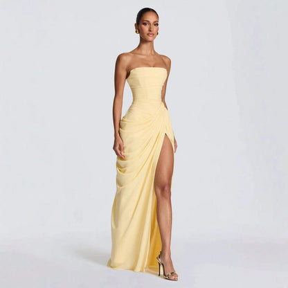 Minimal Pastel Yellow Strapless Maxi, Tube Neck Side Draped Ruched High Slit Soft Chiffon Floor Prom Formal Party Dress
