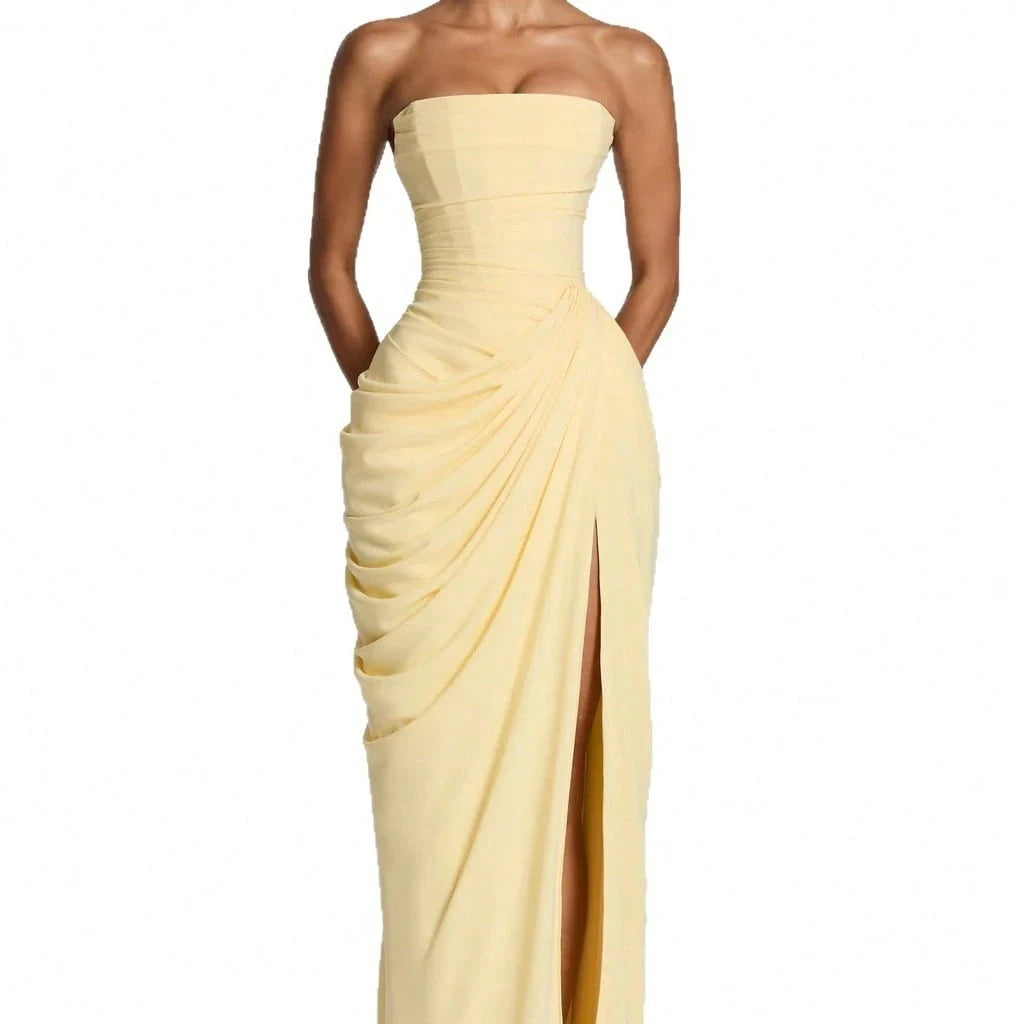 Minimal Pastel Yellow Strapless Maxi, Tube Neck Side Draped Ruched High Slit Soft Chiffon Floor Prom Formal Party Dress