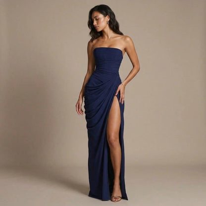 Minimal Pastel Yellow Strapless Maxi, Tube Neck Side Draped Ruched High Slit Soft Chiffon Floor Prom Formal Party Dress
