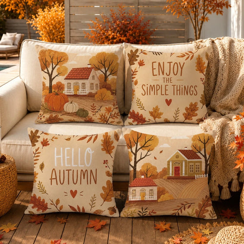 Minimalist Autumn Farm Pumpkin Illustration Cushion Cover 4pcs Set, Single-Sided Printed Peach Skin Velvet Polyester Material, 45*45CM Pillow Case For Modern Fabric Sofa Indoor Decoration, Party Decor