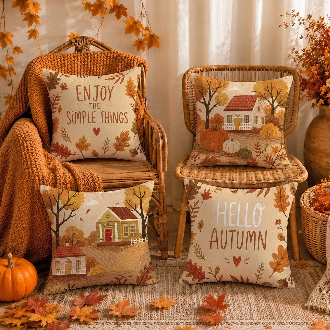 Minimalist Autumn Farm Pumpkin Illustration Cushion Cover 4pcs Set, Single-Sided Printed Peach Skin Velvet Polyester Material, 45*45CM Pillow Case For Modern Fabric Sofa Indoor Decoration, Party Decor