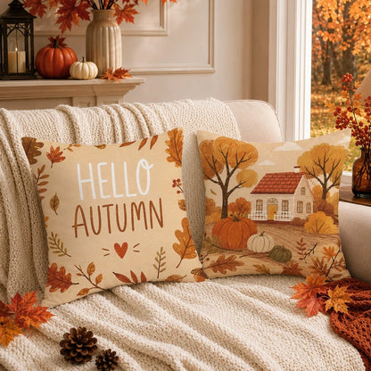Minimalist Autumn Farm Pumpkin Illustration Cushion Cover 4pcs Set, Single-Sided Printed Peach Skin Velvet Polyester Material, 45*45CM Pillow Case For Modern Fabric Sofa Indoor Decoration, Party Decor
