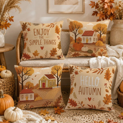 Minimalist Autumn Farm Pumpkin Illustration Cushion Cover 4pcs Set, Single-Sided Printed Peach Skin Velvet Polyester Material, 45*45CM Pillow Case For Modern Fabric Sofa Indoor Decoration, Party Decor
