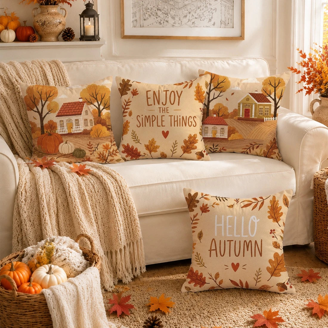 Minimalist Autumn Farm Pumpkin Illustration Cushion Cover 4pcs Set, Single-Sided Printed Peach Skin Velvet Polyester Material, 45*45CM Pillow Case For Modern Fabric Sofa Indoor Decoration, Party Decor