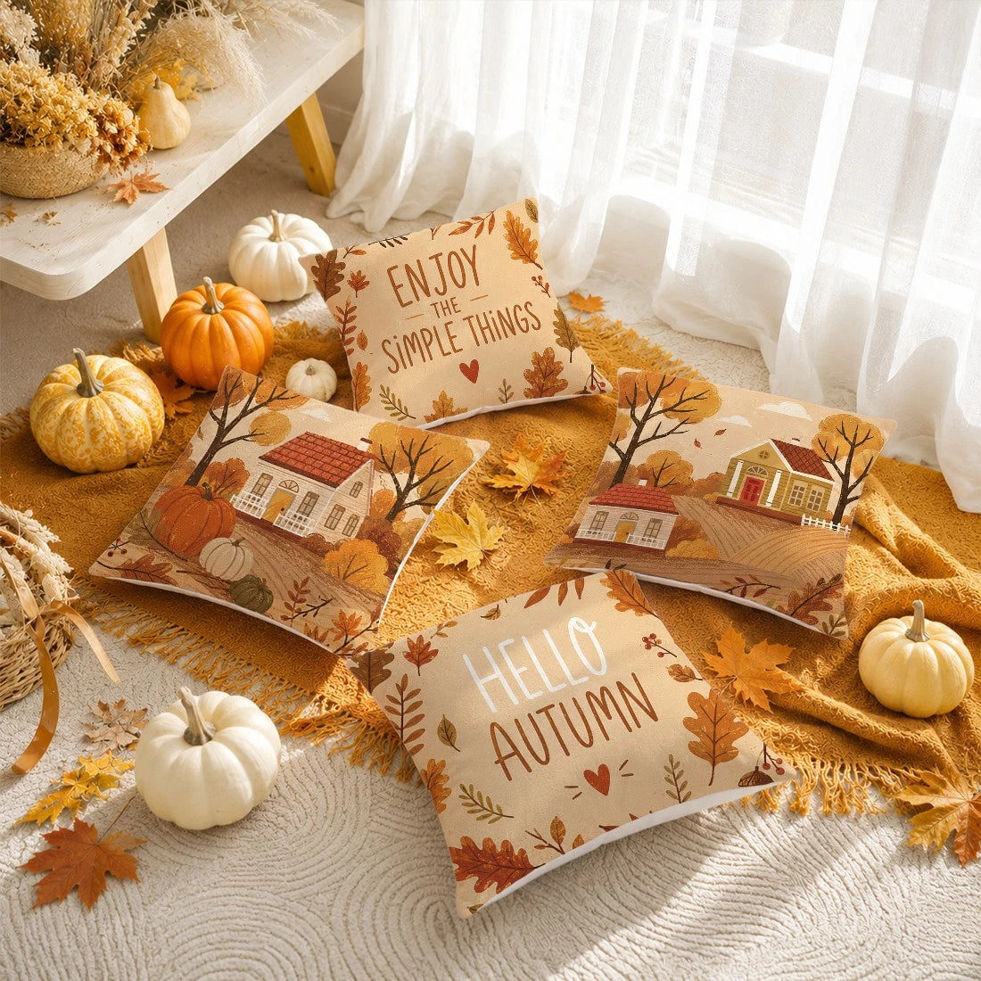 Minimalist Autumn Farm Pumpkin Illustration Cushion Cover 4pcs Set, Single-Sided Printed Peach Skin Velvet Polyester Material, 45*45CM Pillow Case For Modern Fabric Sofa Indoor Decoration, Party Decor
