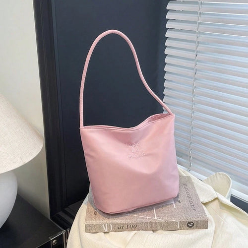 Minimalist Nylon Shoulder Bag, Solid Color Small Tote Handbag, Lightweight Zipper Underarm Bag, Casual Daily Purse For Women