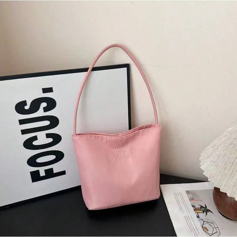 Minimalist Nylon Shoulder Bag, Solid Color Small Tote Handbag, Lightweight Zipper Underarm Bag, Casual Daily Purse For Women