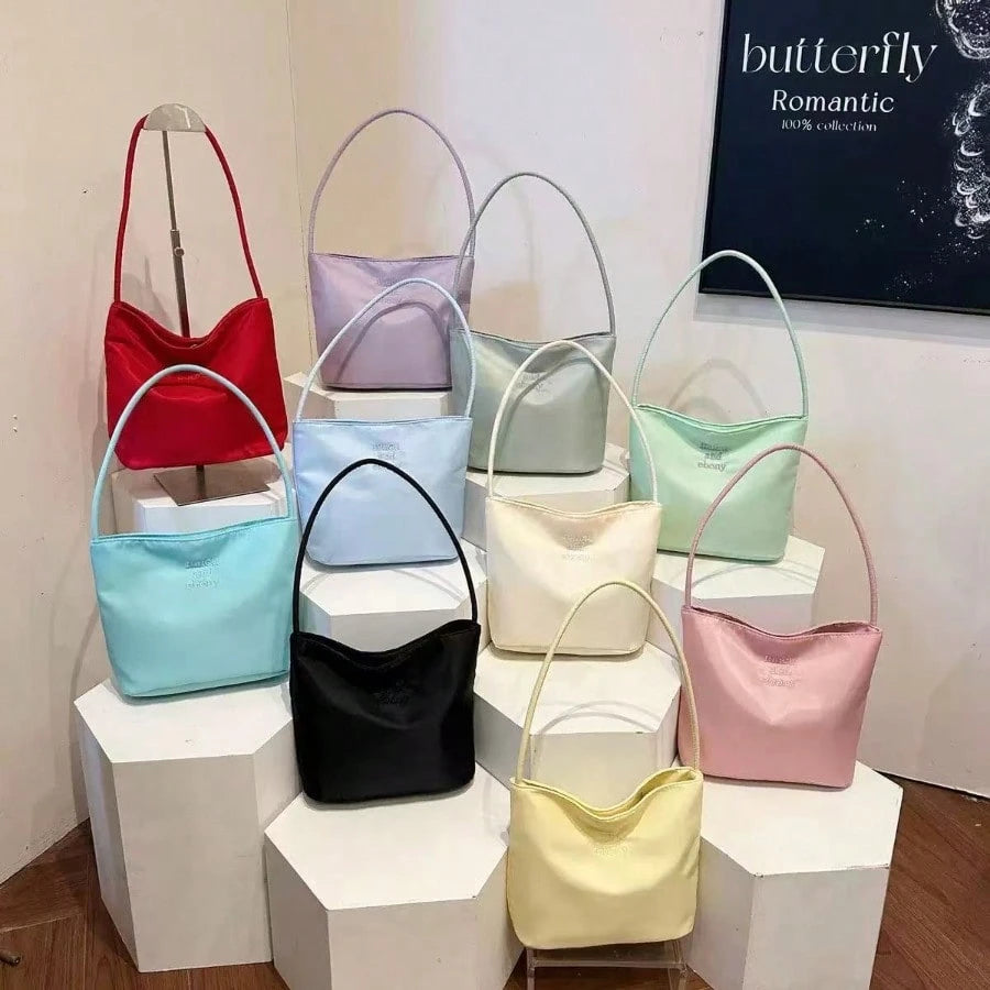 Minimalist Nylon Shoulder Bag, Solid Color Small Tote Handbag, Lightweight Zipper Underarm Bag, Casual Daily Purse For Women