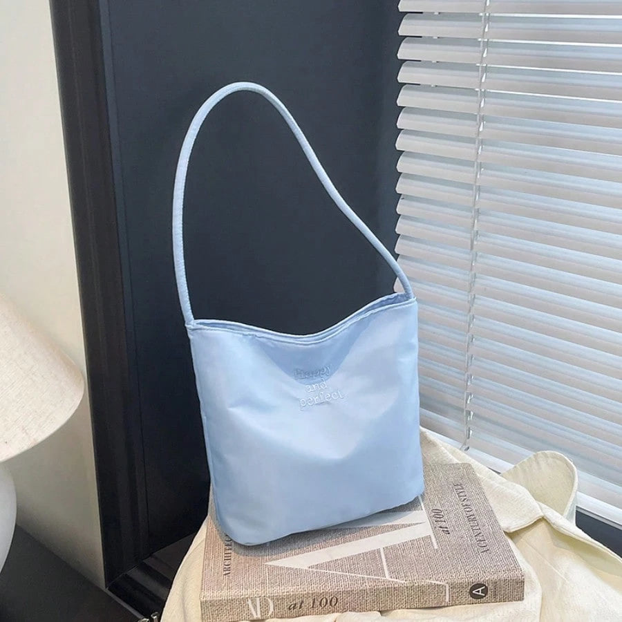 Minimalist Nylon Shoulder Bag, Solid Color Small Tote Handbag, Lightweight Zipper Underarm Bag, Casual Daily Purse For Women