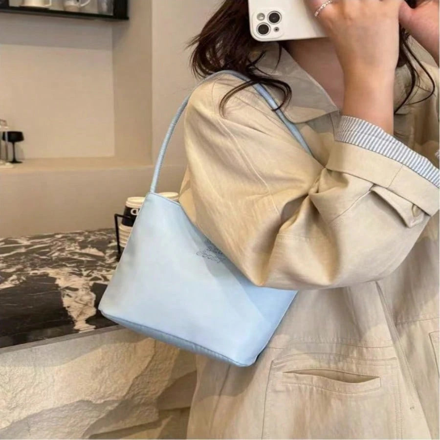 Minimalist Nylon Shoulder Bag, Solid Color Small Tote Handbag, Lightweight Zipper Underarm Bag, Casual Daily Purse For Women