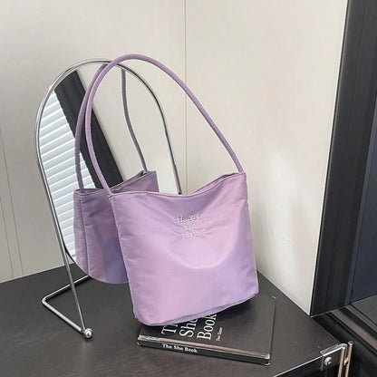 Minimalist Nylon Shoulder Bag, Solid Color Small Tote Handbag, Lightweight Zipper Underarm Bag, Casual Daily Purse For Women