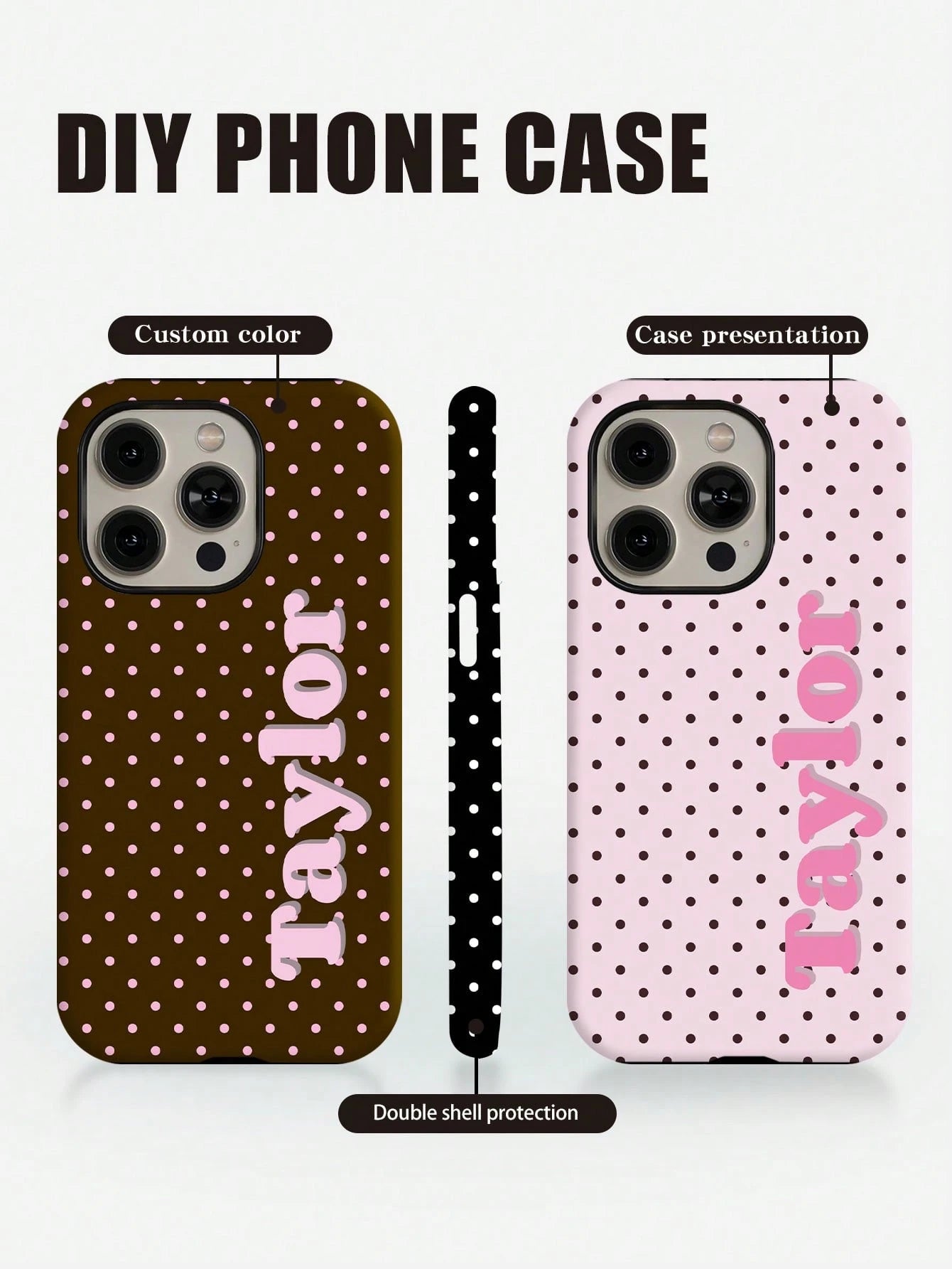 Minimalist Polka Dot Pattern Customized Phone Case 1pc Minimalist Polka Dot Name & Letter 2-In-1 Glossy Filmstrip Hard Phone Case Cover Compatible With 11/12/13/14/15/16 17 Pro Max Travel Organizer Sp