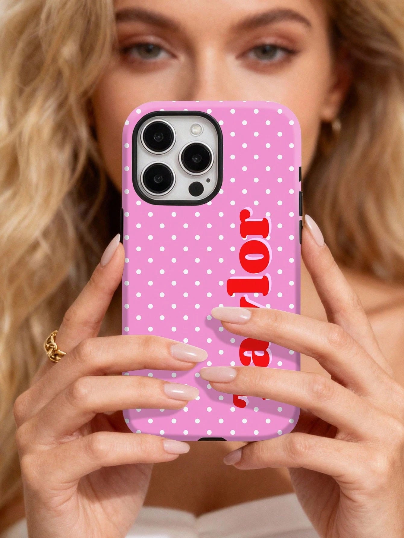 Minimalist Polka Dot Pattern Customized Phone Case 1pc Minimalist Polka Dot Name & Letter 2-In-1 Glossy Filmstrip Hard Phone Case Cover Compatible With 11/12/13/14/15/16 17 Pro Max Travel Organizer Sp