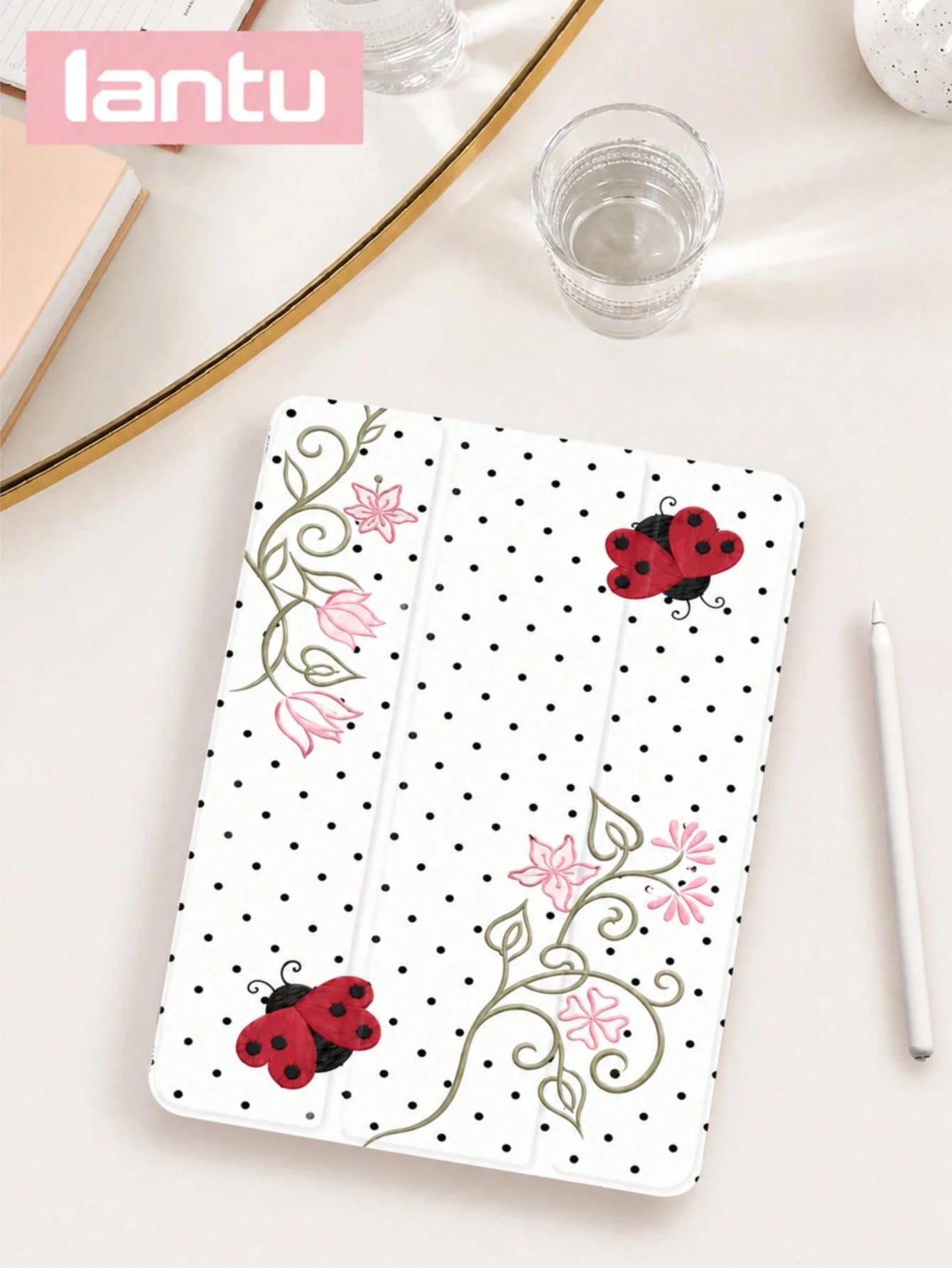 Minimalist Pure White Polka Dot Patchwork Beetle Pattern Design Tablet Protective Case, Compatible With Apple Tablet 10.2 Inch/ Pro 11 2020/2021, (A16) 11 Inch 11th Gen 2025, 9th/10th Gen, Apple Air