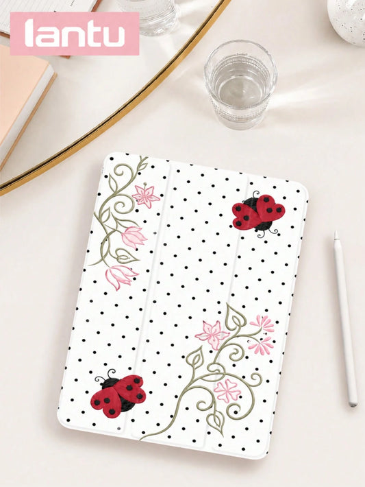 Minimalist Pure White Polka Dot Patchwork Beetle Pattern Design Tablet Protective Case, Compatible With Apple Tablet 10.2 Inch/ Pro 11 2020/2021, (A16) 11 Inch 11th Gen 2025, 9th/10th Gen, Apple Air