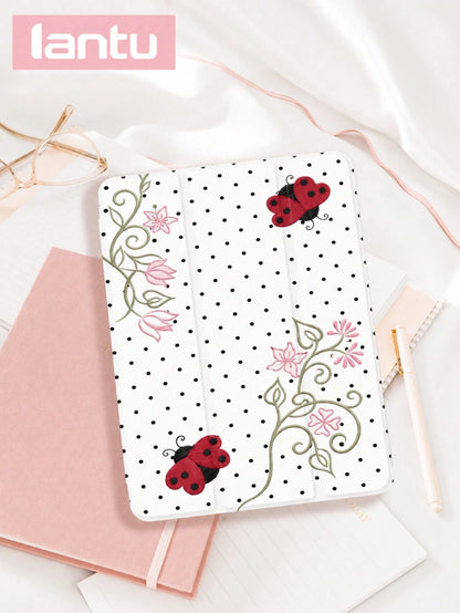 Minimalist Pure White Polka Dot Patchwork Beetle Pattern Design Tablet Protective Case, Compatible With Apple Tablet 10.2 Inch/ Pro 11 2020/2021, (A16) 11 Inch 11th Gen 2025, 9th/10th Gen, Apple Air