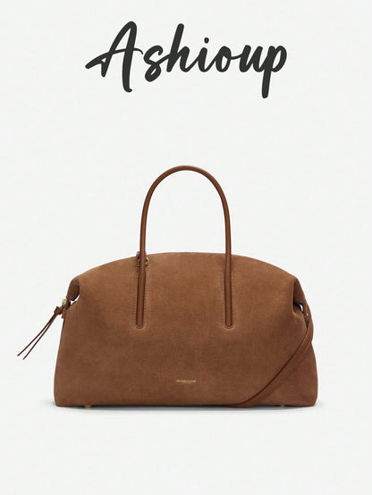 Minimalist Suede Bowling Bag For Women, Large Capacity Top Handle Shoulder Tote With Adjustable Strap