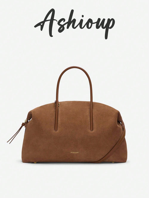 Minimalist Suede Bowling Bag For Women, Large Capacity Top Handle Shoulder Tote With Adjustable Strap
