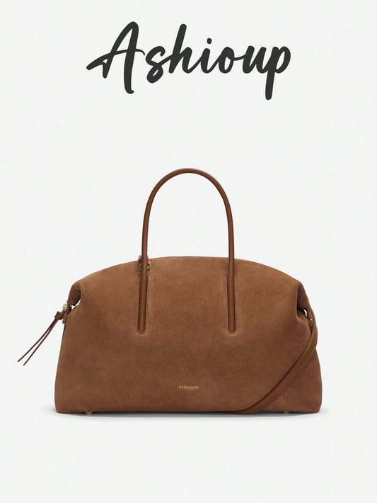Minimalist Suede Bowling Bag For Women, Large Capacity Top Handle Shoulder Tote With Adjustable Strap
