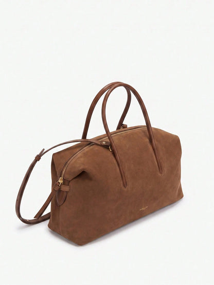 Minimalist Suede Bowling Bag For Women, Large Capacity Top Handle Shoulder Tote With Adjustable Strap