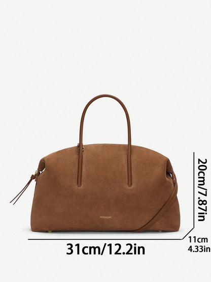 Minimalist Suede Bowling Bag For Women, Large Capacity Top Handle Shoulder Tote With Adjustable Strap
