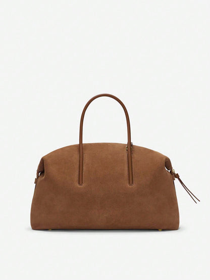 Minimalist Suede Bowling Bag For Women, Large Capacity Top Handle Shoulder Tote With Adjustable Strap