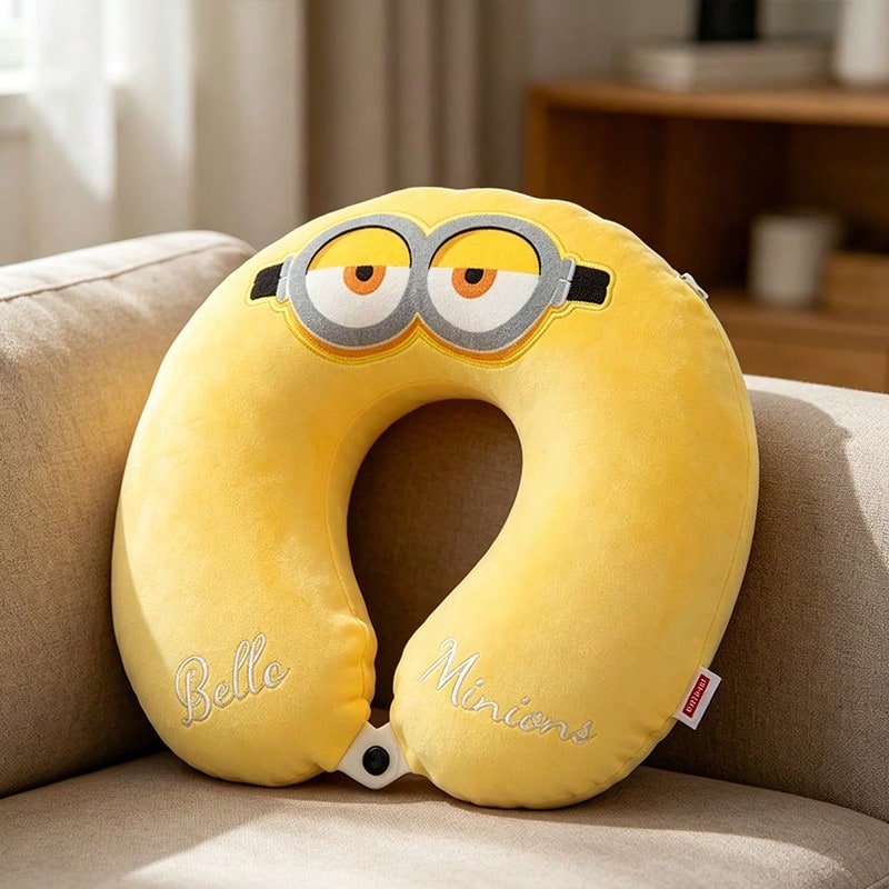 Miniso Memory Foam U-Shaped Travel Neck Pillow, Soft Plush Cushion With Cartoon Embroidery, Support Pillow For Car Flight Office Naps (1 PC)