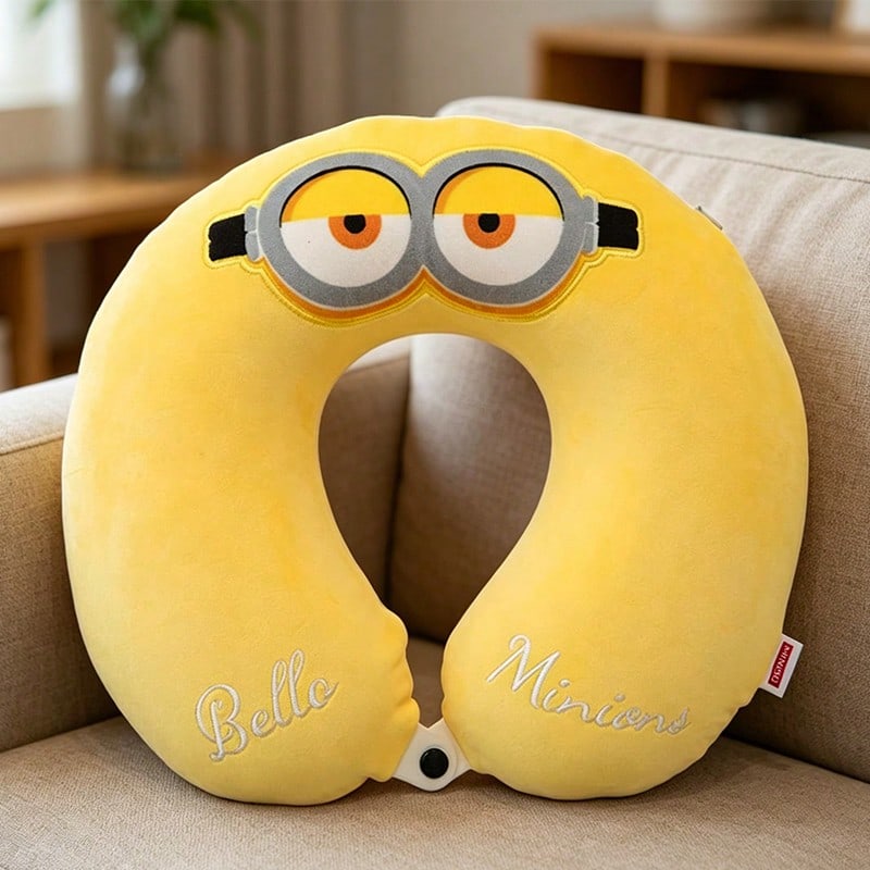 Miniso Memory Foam U-Shaped Travel Neck Pillow, Soft Plush Cushion With Cartoon Embroidery, Support Pillow For Car Flight Office Naps (1 PC)
