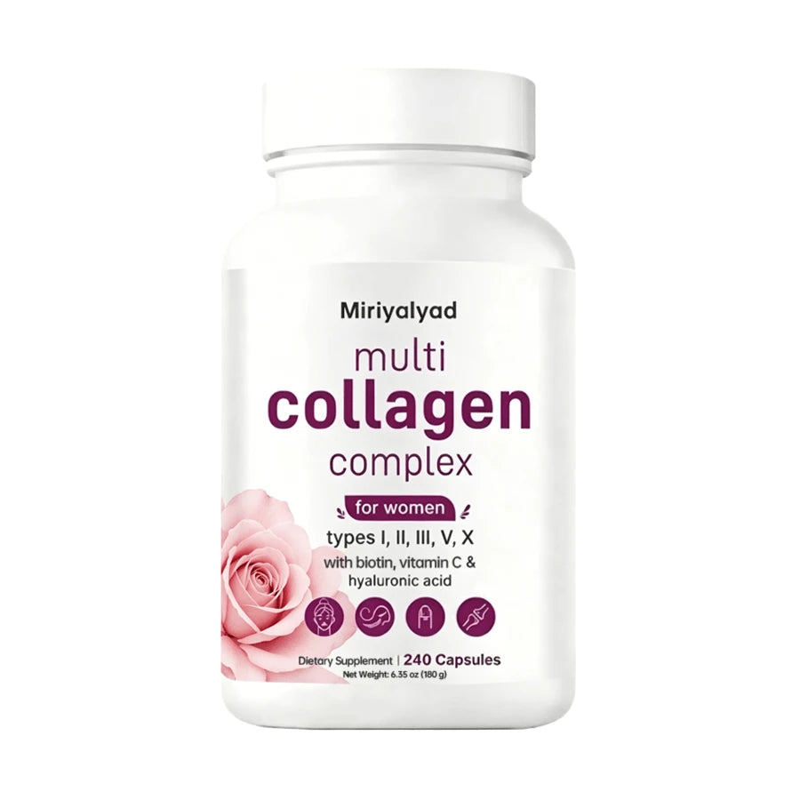 Miriyalyad Multi Collagen Pills For Women & Men, 240 Capsules| Type I, II, III, V, X- Hydrolyzed Collagen Peptides With Biotin, Hyaluronic Acid & Vitamin C| Hair, Skin, Nail & Joint Support