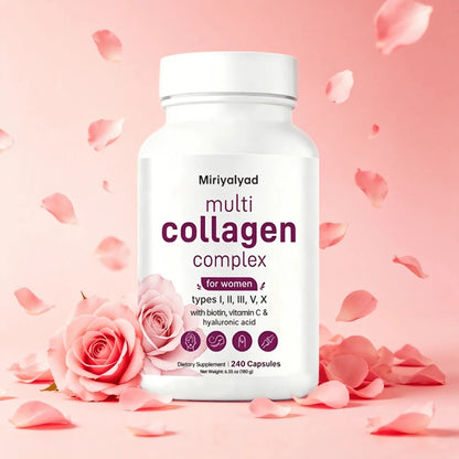 Miriyalyad Multi Collagen Pills For Women & Men, 240 Capsules| Type I, II, III, V, X- Hydrolyzed Collagen Peptides With Biotin, Hyaluronic Acid & Vitamin C| Hair, Skin, Nail & Joint Support