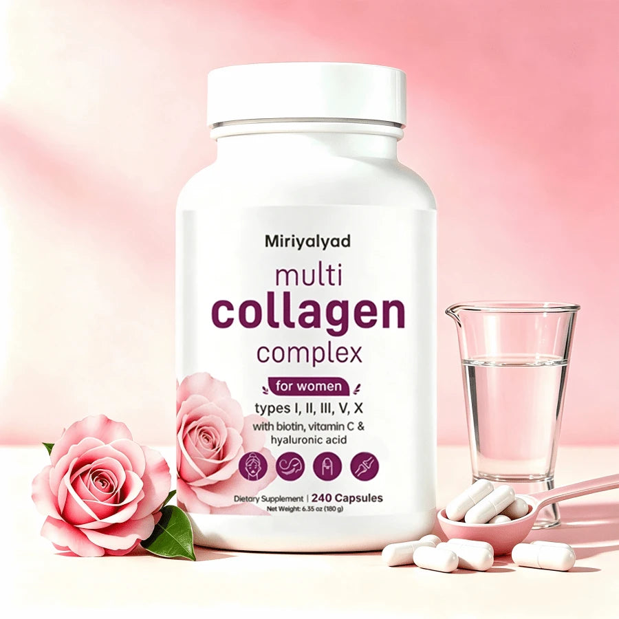 Miriyalyad Multi Collagen Pills For Women & Men, 240 Capsules| Type I, II, III, V, X- Hydrolyzed Collagen Peptides With Biotin, Hyaluronic Acid & Vitamin C| Hair, Skin, Nail & Joint Support