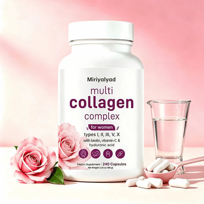 Miriyalyad Multi Collagen Pills For Women & Men, 240 Capsules| Type I, II, III, V, X- Hydrolyzed Collagen Peptides With Biotin, Hyaluronic Acid & Vitamin C| Hair, Skin, Nail & Joint Support