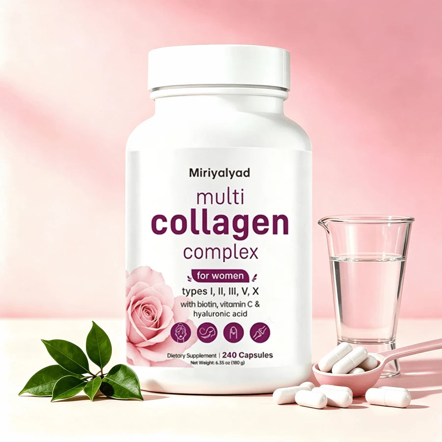 Miriyalyad Multi Collagen Pills For Women & Men, 240 Capsules| Type I, II, III, V, X- Hydrolyzed Collagen Peptides With Biotin, Hyaluronic Acid & Vitamin C| Hair, Skin, Nail & Joint Support