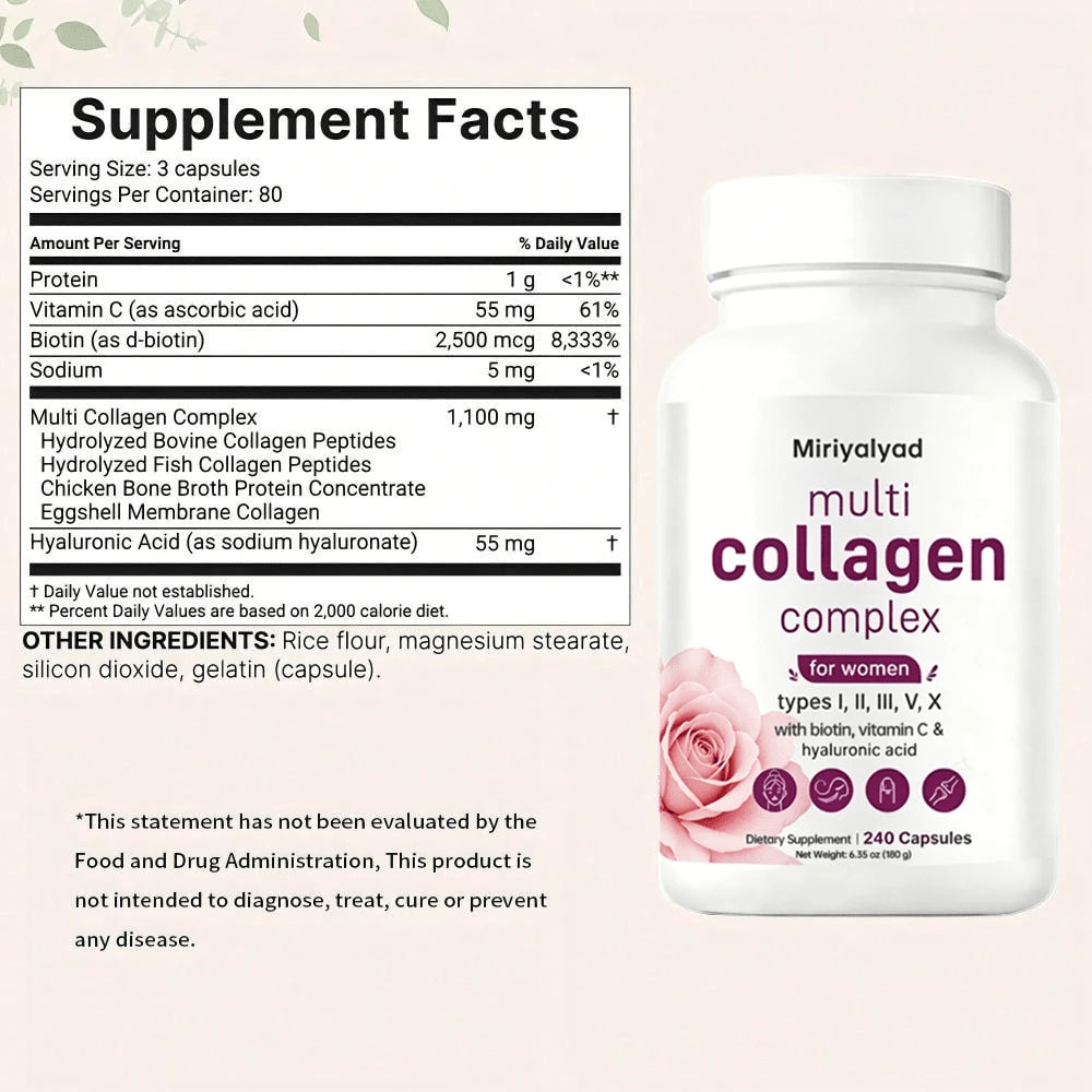Miriyalyad Multi Collagen Pills For Women & Men, 240 Capsules| Type I, II, III, V, X- Hydrolyzed Collagen Peptides With Biotin, Hyaluronic Acid & Vitamin C| Hair, Skin, Nail & Joint Support